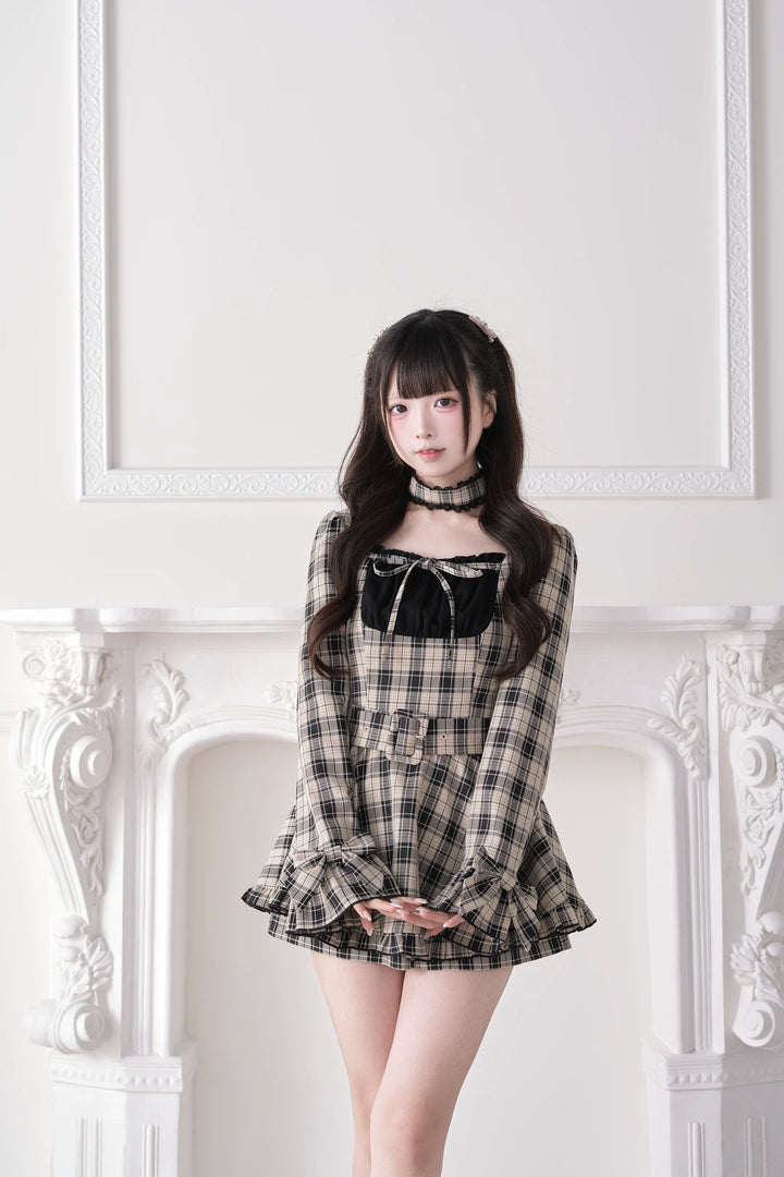 Jirai Kei Plaid Dress and Shorts Set, Lace Trim Choker 44689:819285
