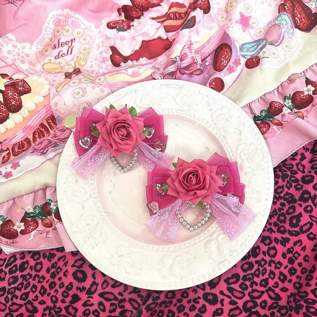 Hime Gyaru Rose Hair Clip, Heart Shaped Faux Pearl 45562:853302