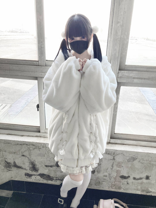 White Jirai Kei Plush Coat Ryousangata Ribbon Bowknot Jacket 33306:446242
