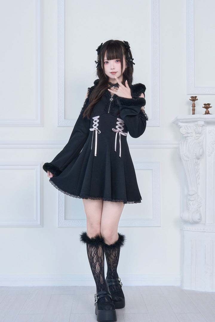 Open-Shoulder Jirai Kei Dress, Oversized Hood 43940:789808