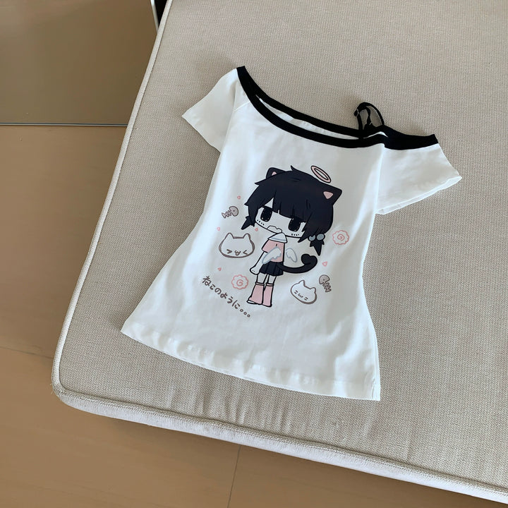 Open-Shoulder Summer Kawaii T-Shirt, Otaku Style Print (L M S) 43559:779906