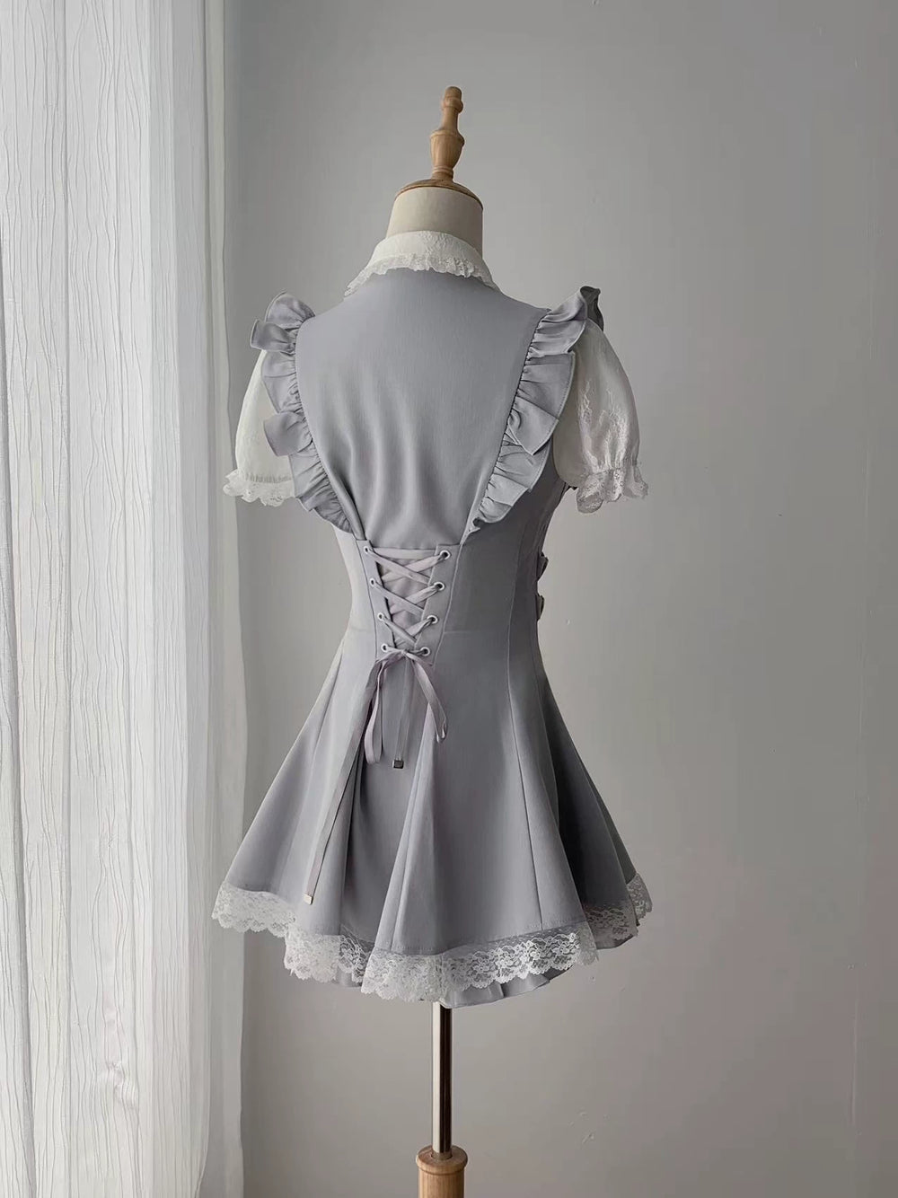 Dusty Blue Ryousangata Dress, Pearl-trim Neckline 45556:855394
