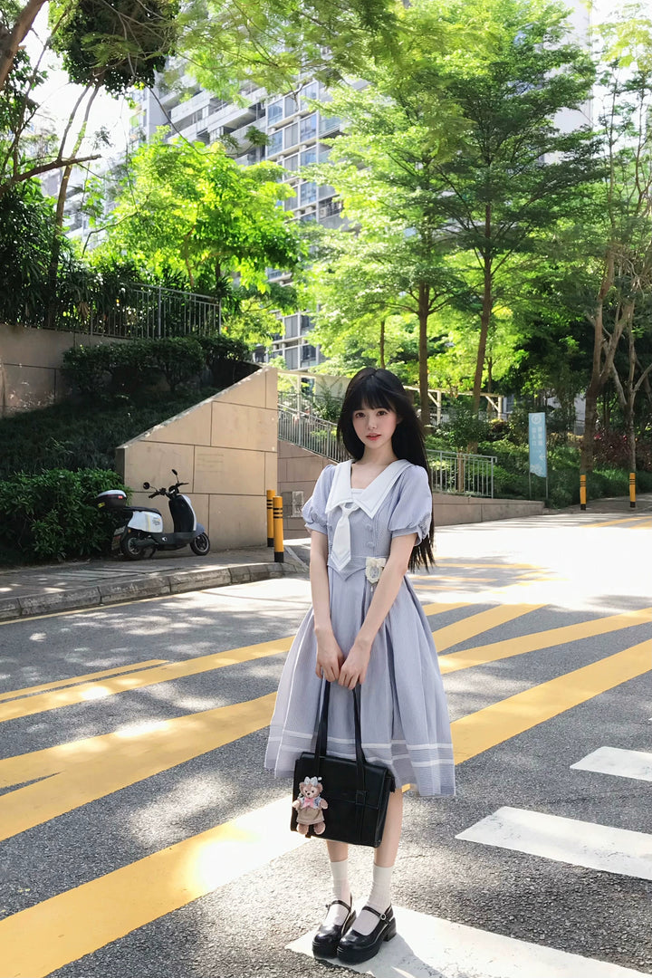 Summer JK Uniform Striped Dress, Sailor Collar 43627:781370