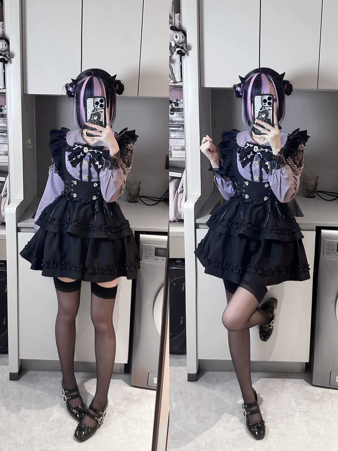 Jirai Kei Long Sleeve Blouse, Black Suspender Skirt 44031:803499