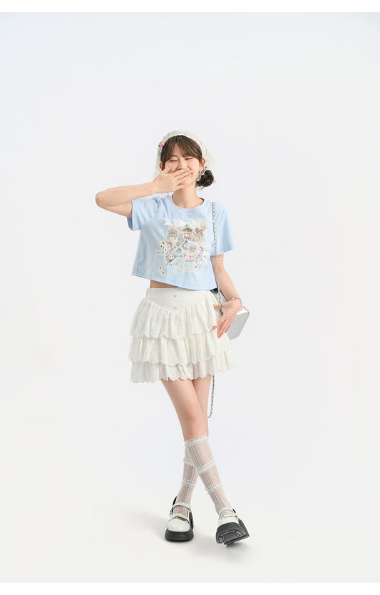 Fairy Kei Shirt Ballet Alice Print Cotton Shirt Short Sleeve T-shirt (L M S) 35894:517758