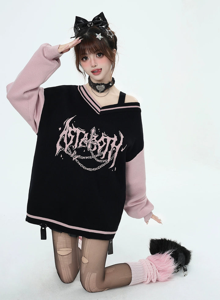 Y2K Sweater Gyaru V-neck Black-Pink Sweater For Winter 41790:713706