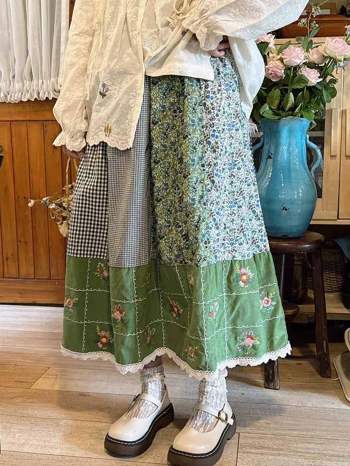 Mori Kei Skirt Green Floral Patchwork Skirt Vintage Skirt (Green / F) 36224:524870 (Green / F) 36224:524870