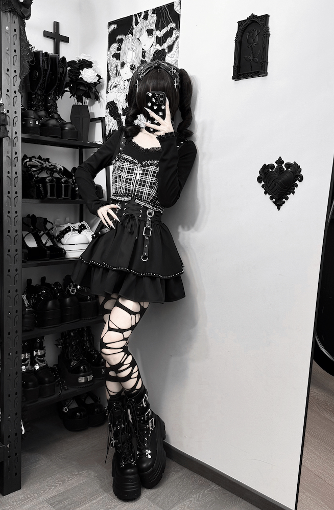 Jirai Kei Skirt Outfit, Top With Detachable Camisole 44809:822672