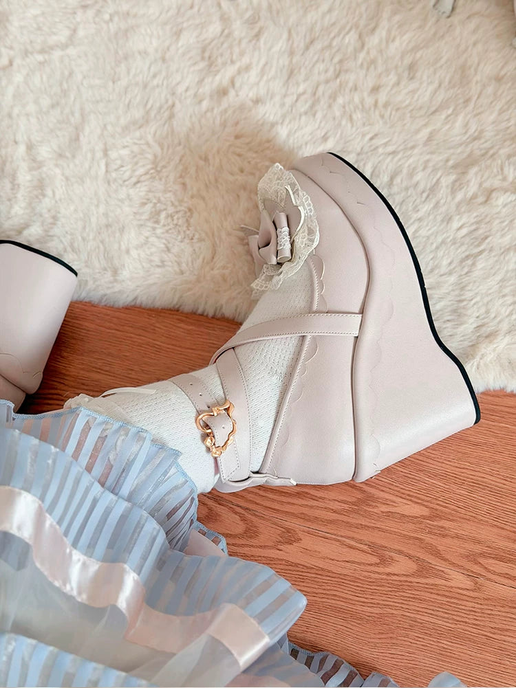Sweet Lolita Wedge Shoes, Heart & Bow Details 45951:872518