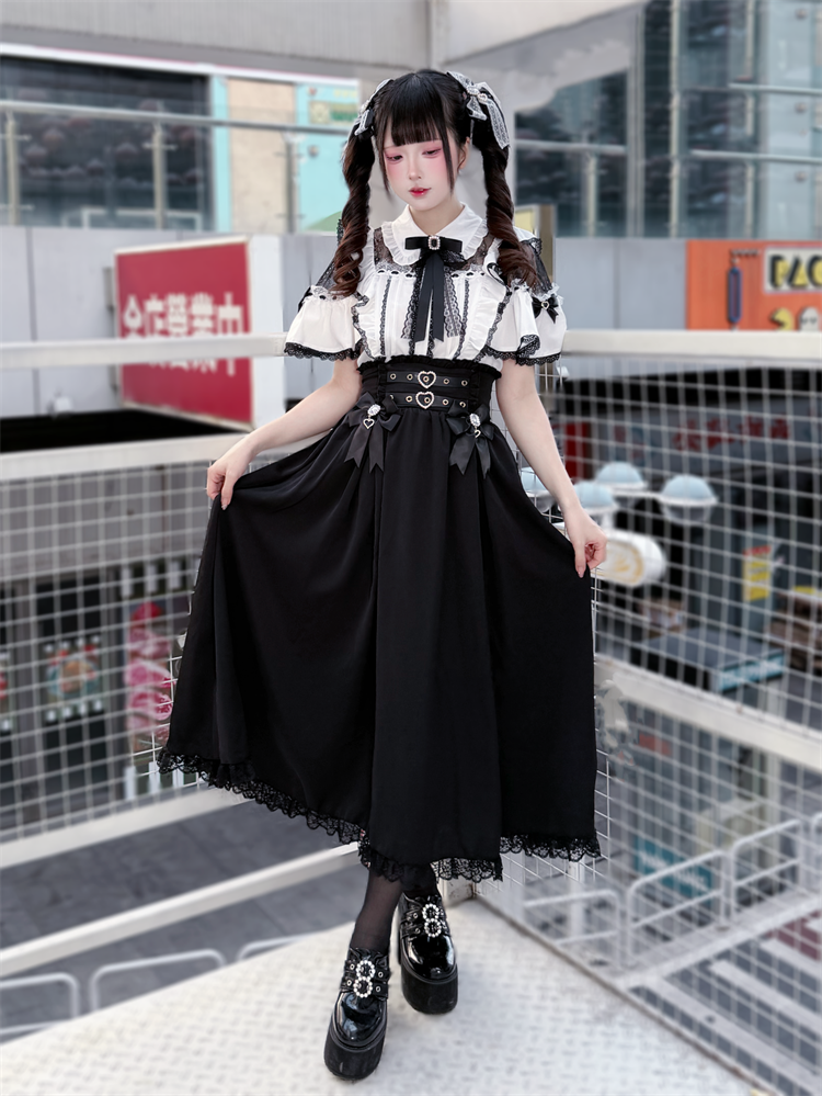 Summer Jirai Kei Lace Blouse, High Waist Skirt 45363:847708