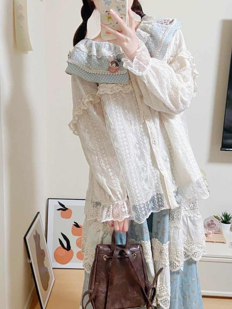 Mori Kei Blouse Blue Plaid Ruffle Lace Shirt Beige Top 39440:640560