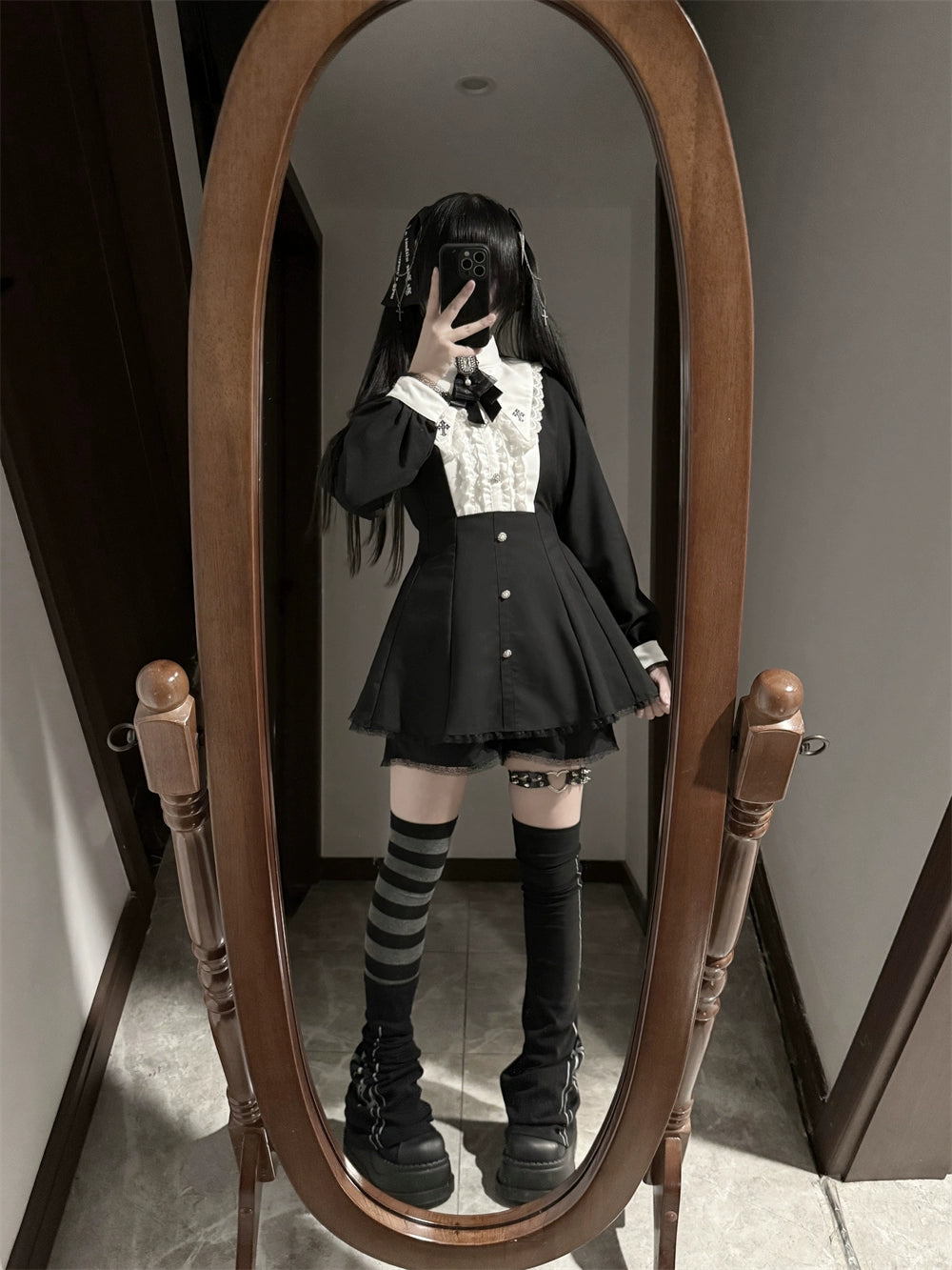 Jirai Kei Dress Set, Pointed Collar With Cross Accents 44145:797340