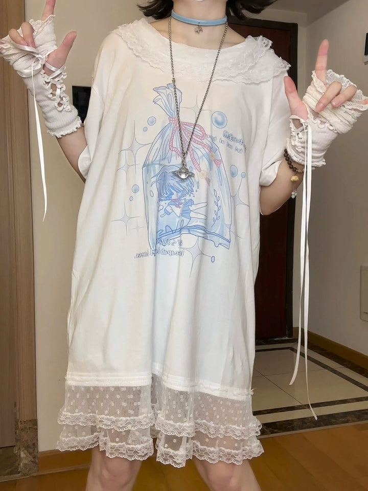 Tenshi Kaiwai Cotton Long T-Shirt, Lace Hem 43687:782928