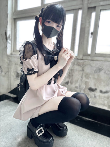 Jirai Kei Dress Set Pink Black Open-Shoulder Winged Collar Dress 37660:577990