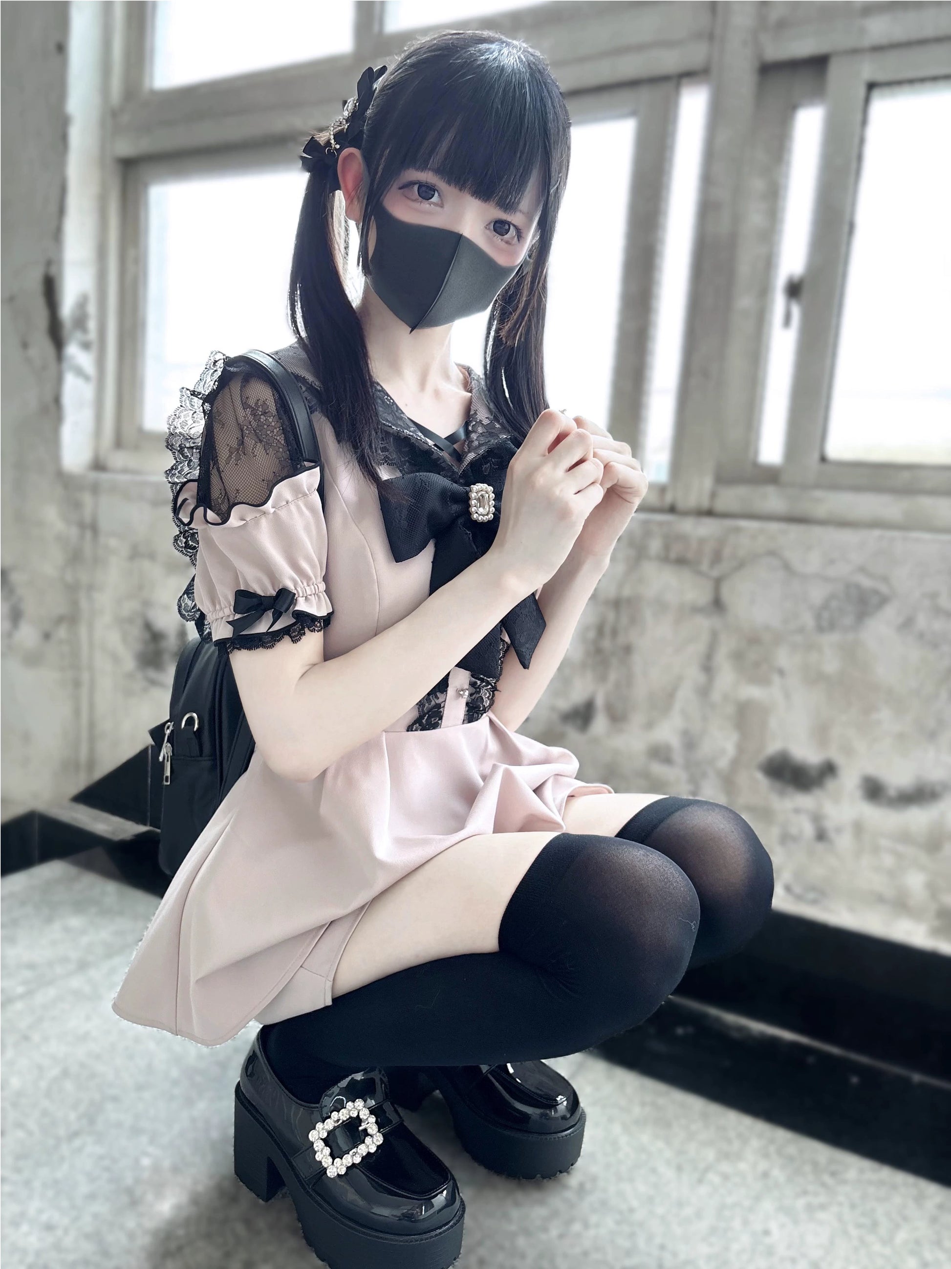 Jirai Kei Dress Set Pink Black Open-Shoulder Winged Collar Dress 37660:578018