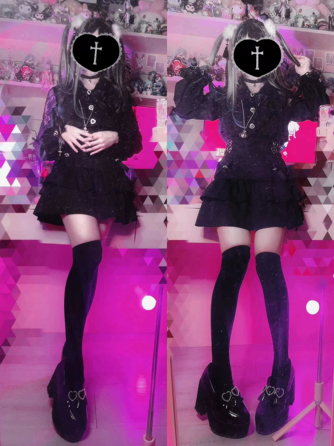 Jirai Kei Lace Shoulder Blouse + High-Waisted Tiered Skirt 43503:778712