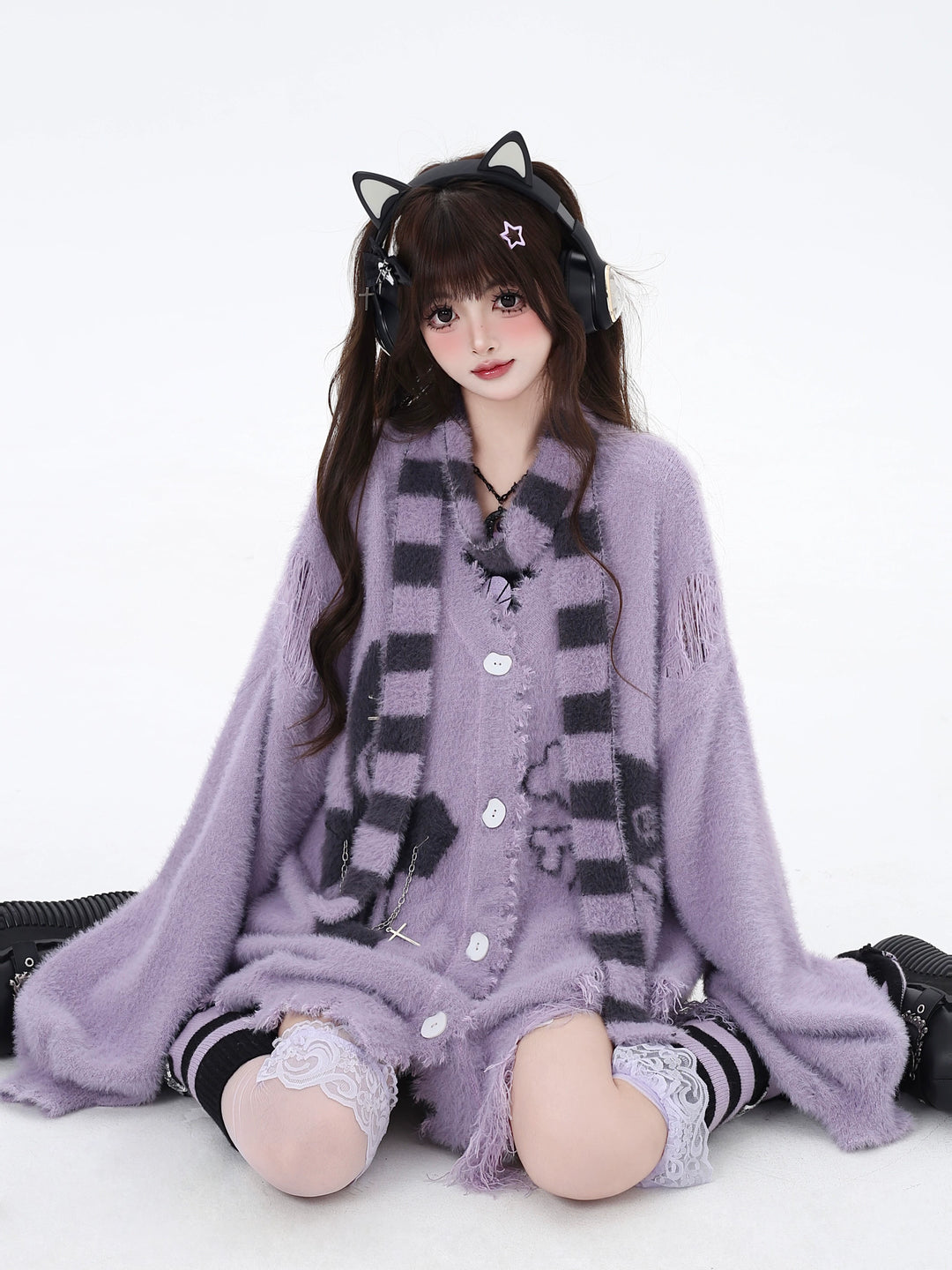 Subculture Sweater Irregular Hem Cardigan With Striped Scarf 40922:680430