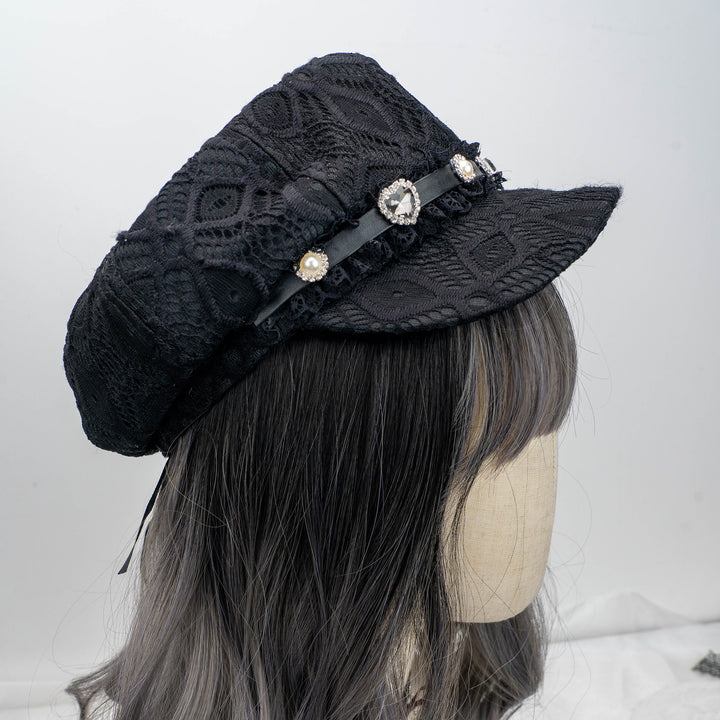 Jirai Kei Black Octagonal Hat with Rhinestone Lace 21572:311470