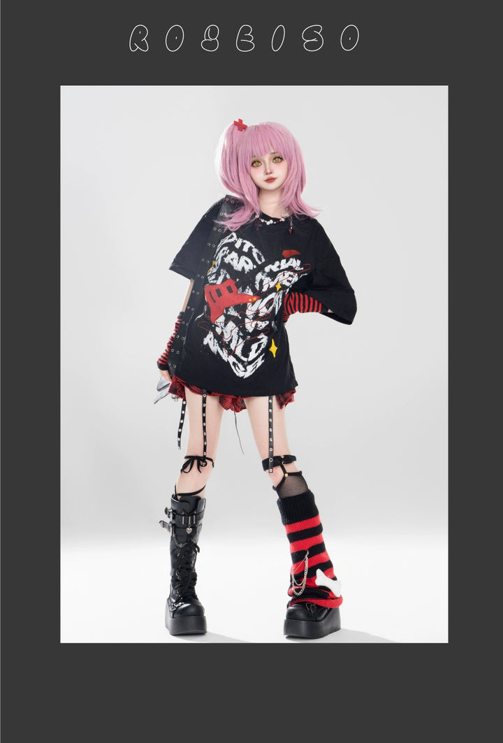 Gyaru T-shirt Red Plaid Skrit Unisex Punk Short-sleeve Top 42020:723508