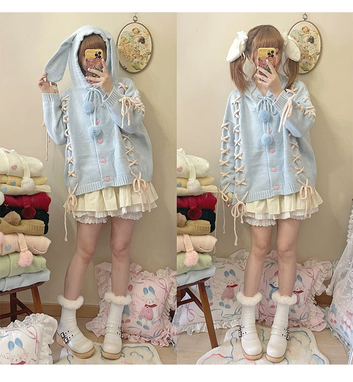 Kawaii White Pink Blue Cardigan Bunny Ears Sweater Coat 22658:345320 22658:345320