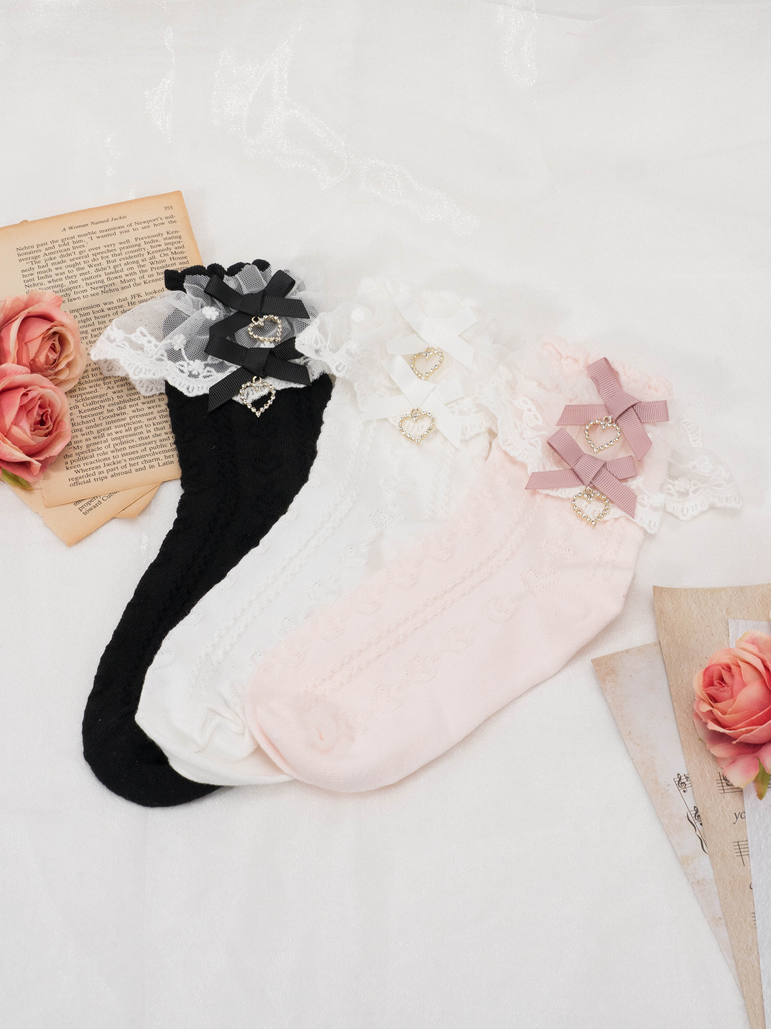 Sweet Kawaii Heart Lace Mid-Calf Socks 21594:310992