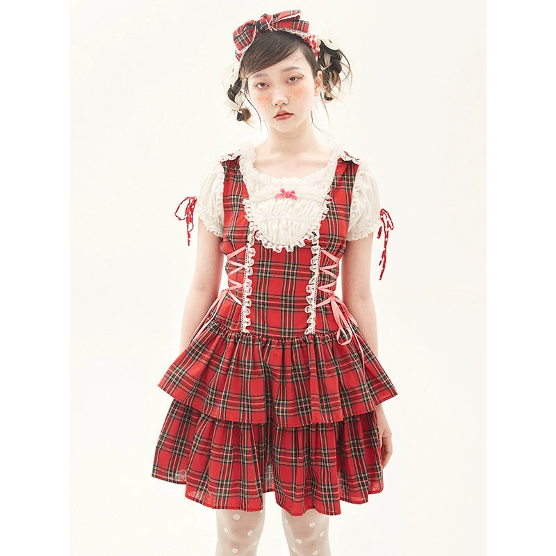 Lolita Dress Retro Red Plaid Dress Cool Girl Dress 36162:543226