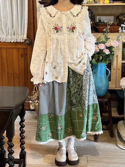 Mori Kei Skirt Green Floral Patchwork Skirt Vintage Skirt 36224:524902