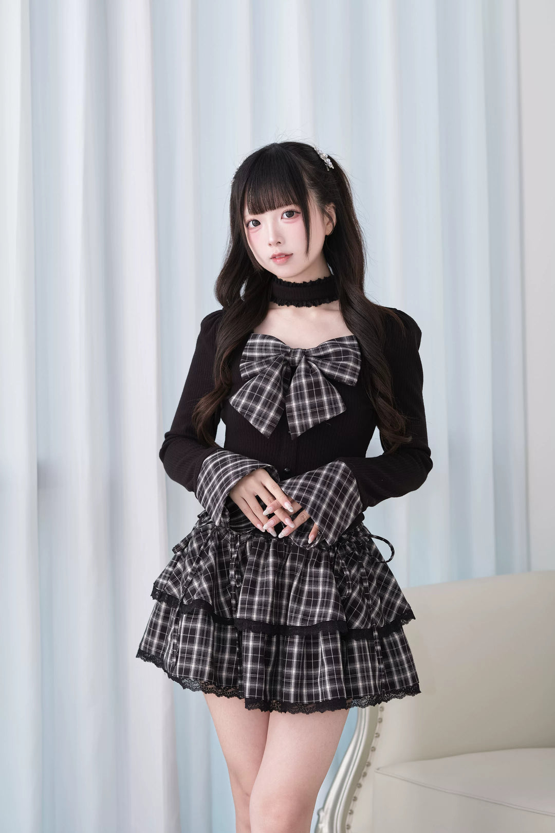 Jirai Kei Knit Top, Choker-Style Neck and Flared Sleeves 44686:818937