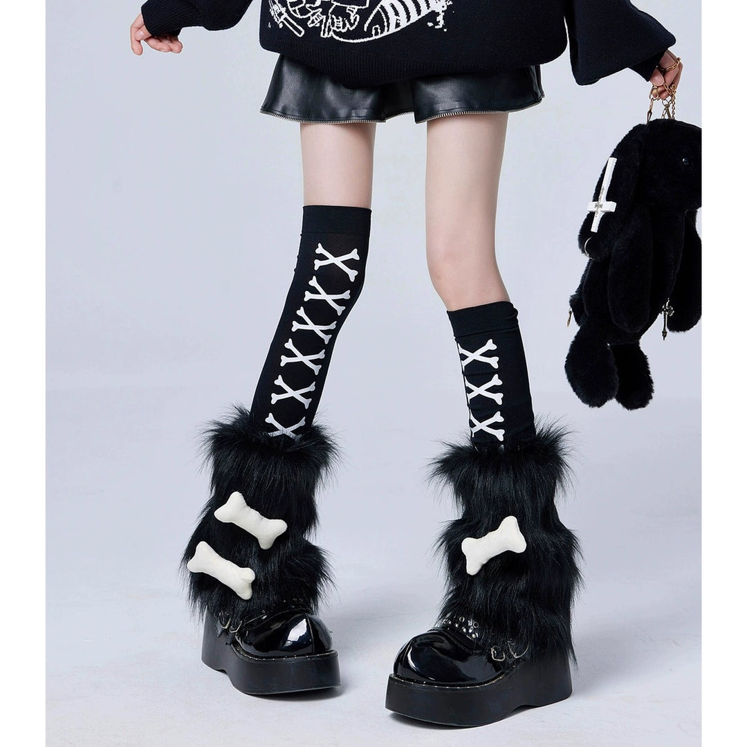 Y2K Socks Black Plush Leg Warmers Striped Knee Socks 39750:640778