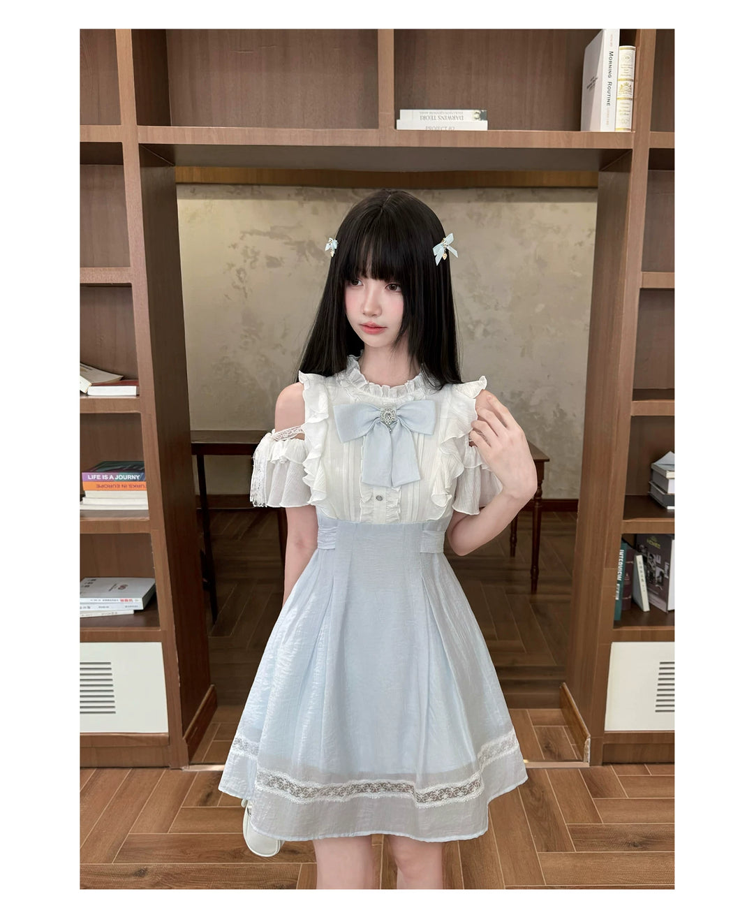 Seiso Kei Open Shoulder Dress, Blue & White Color Spliced 45752:861386