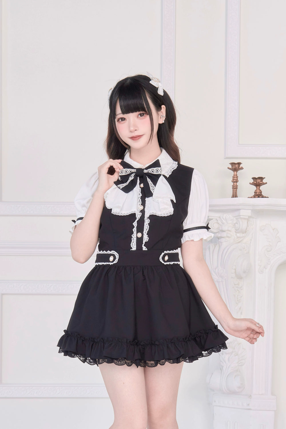 Striped / Solid Jirai Kei Dress, Elastic Shorts (Black / L M) 43533:779064
