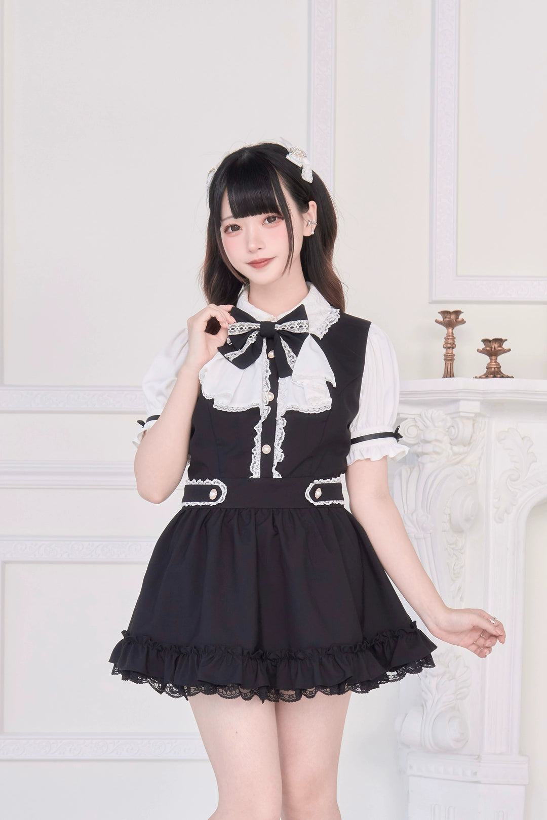 Striped / Solid Jirai Kei Dress, Elastic Shorts (Black / L M) 43533:779064