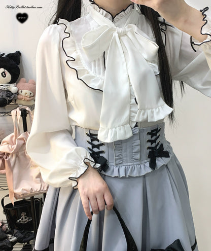 Jirai Kei White Black Blouse Lace Standing Collar Long Sleeved Shirt (White) 31852:372678