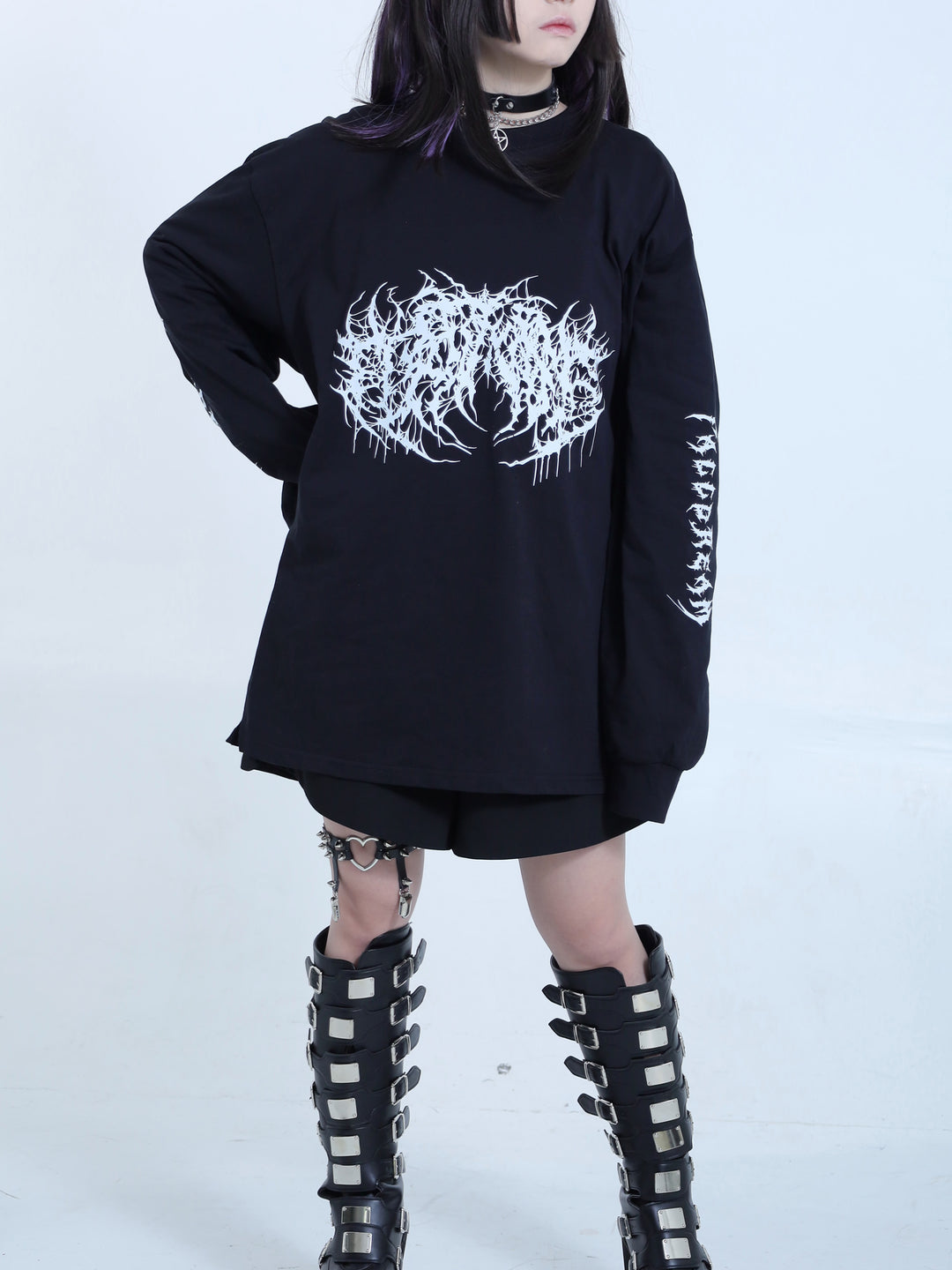 Gothic Jirai Kei Black Sweatshirt with Long Sleeves and Drop Shoulder 42328:736459