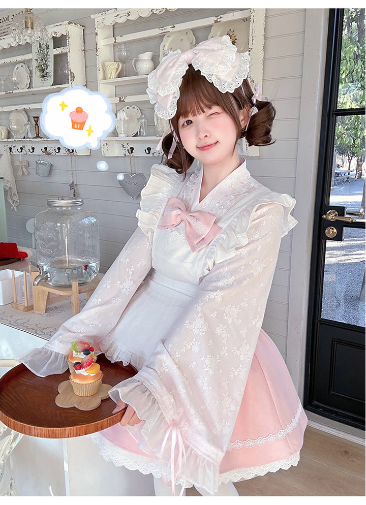 Kawaii Outfit White Maid Blouse And Pink Skirt With Apron 42283:735269