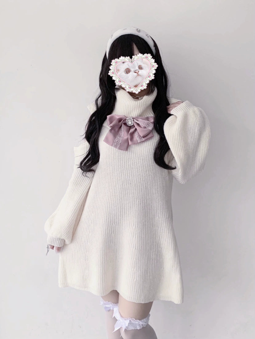 Jirai Kei White Sweater Dress Off-Shoulder Lace Dress 31844:372114