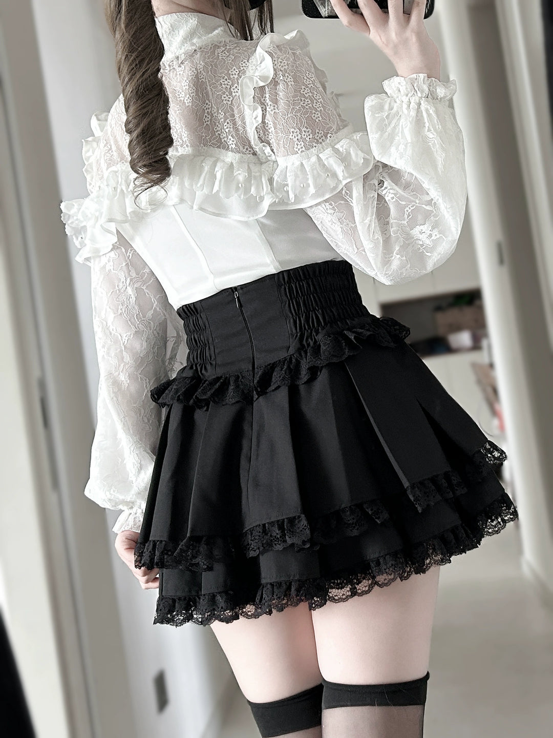 Lace Trimed Jirai Kei Skirt, Detachable Waist Bow 43512:778910