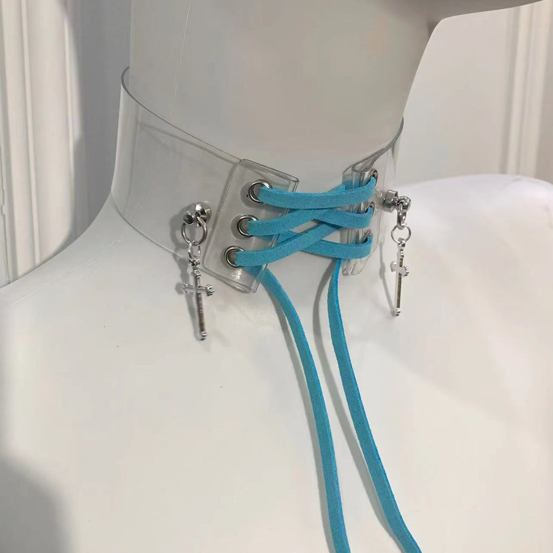 Jirai Kei Choker Transparent Cross Straps Necklace Multicolor (Blue) 29280:437236 (Blue) 29280:437236