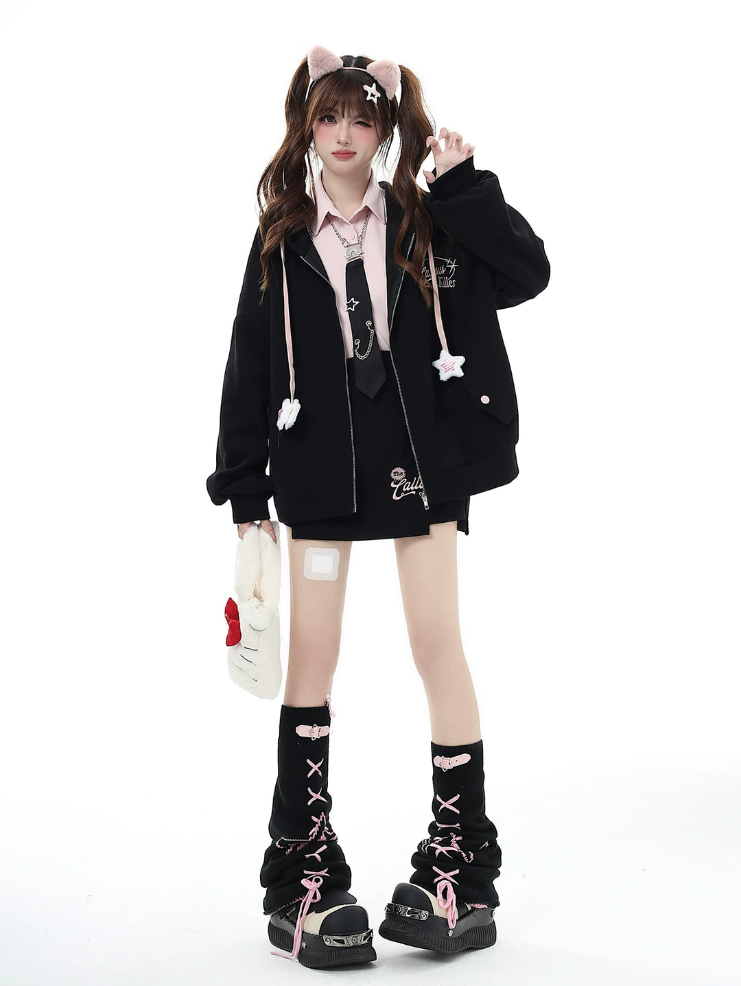 Jirai Kei Hoodie Zipper Jacket Casual Wear Skirt Set Pink Black 32456:439362