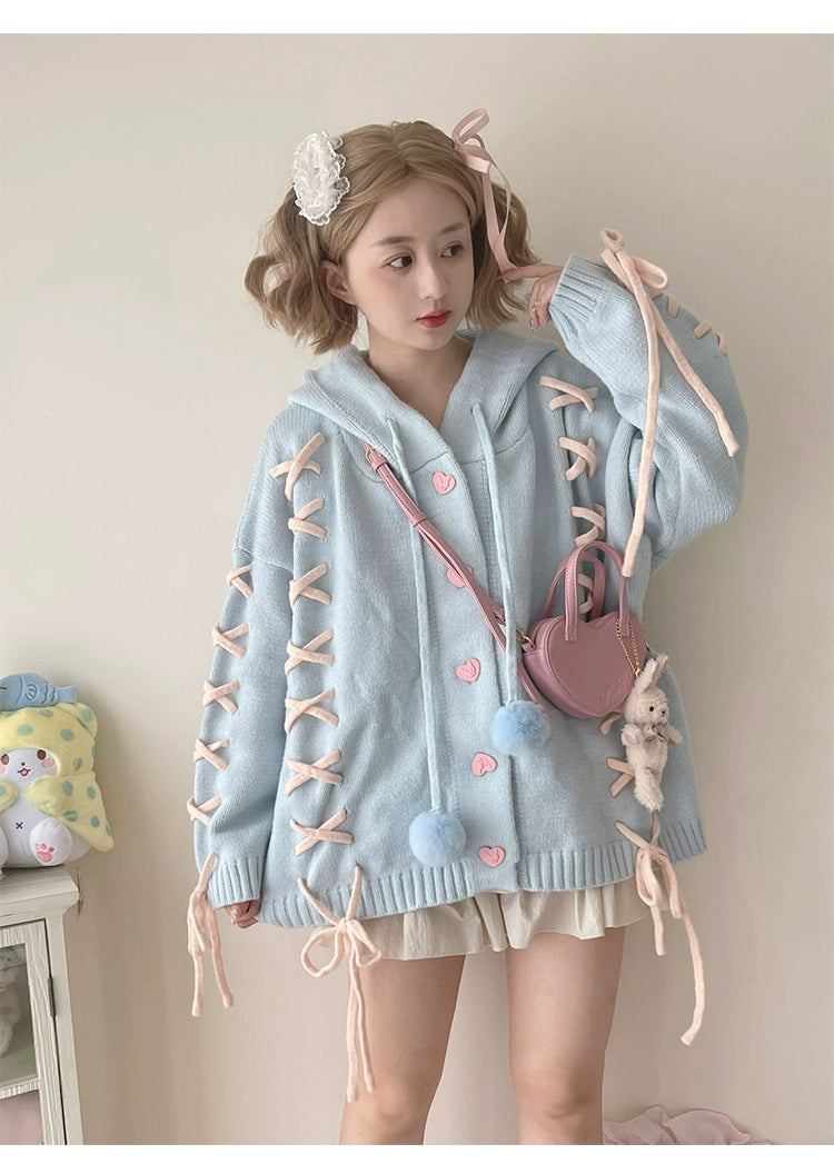 Kawaii White Pink Blue Cardigan Bunny Ears Sweater Coat 22658:345346 22658:345346