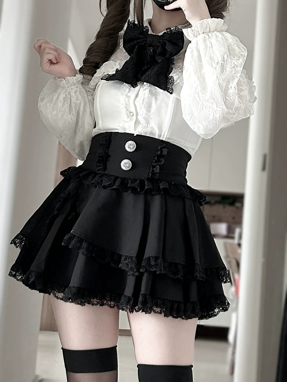 Lace Trimed Jirai Kei Skirt, Detachable Waist Bow (Black / L M S XL) 43512:778909