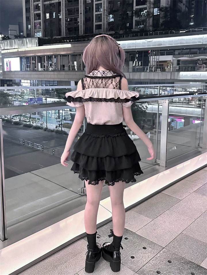 Jirai Kei Off Shoulder Blouse, Tiered Skirt 45584:856511
