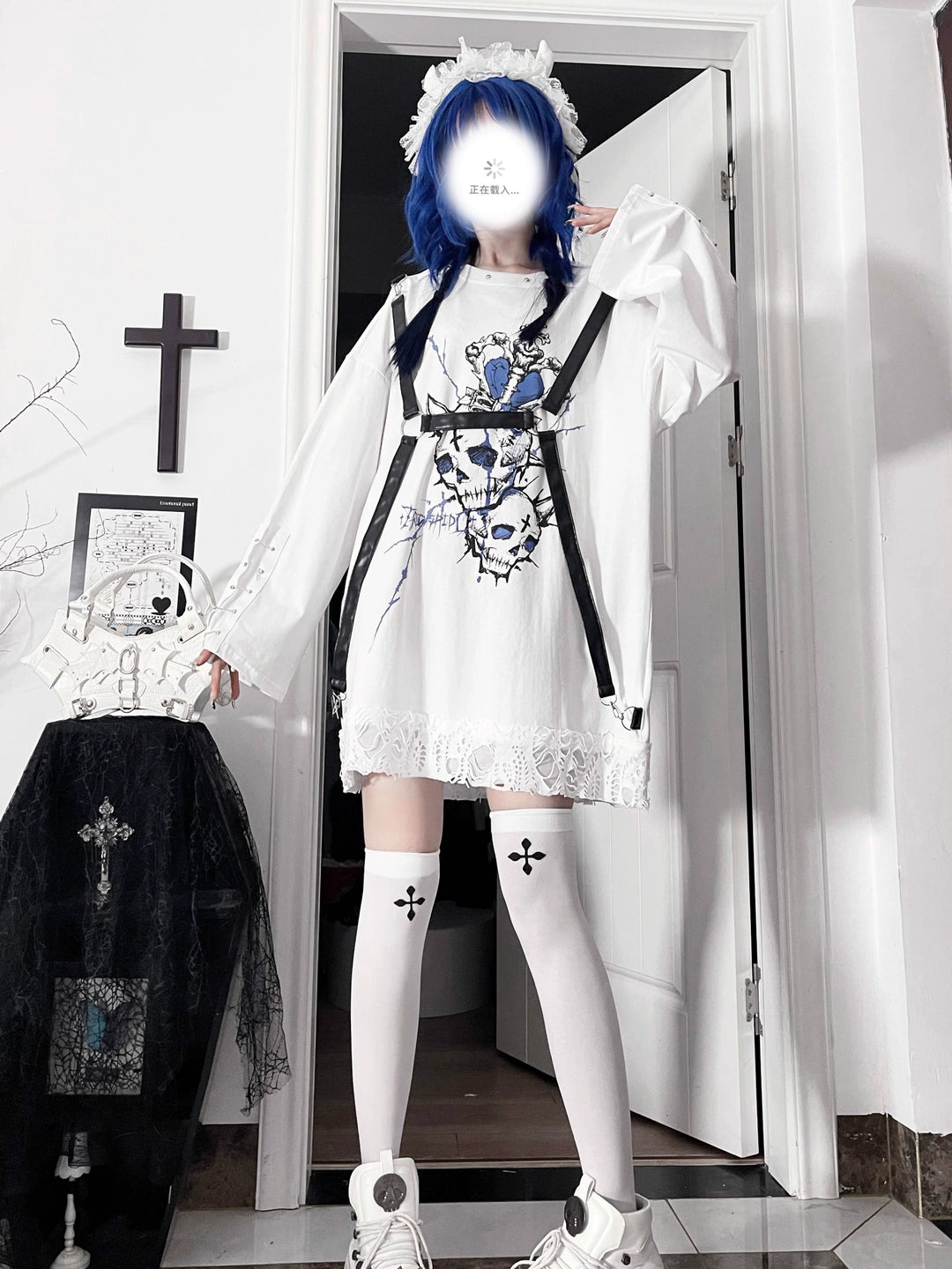 Gothic Printed Long Sleeve Tee, Detachable Strap 44336:804650