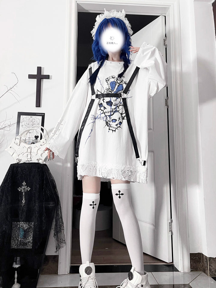 Gothic Printed Long Sleeve Tee, Detachable Strap 44336:804650