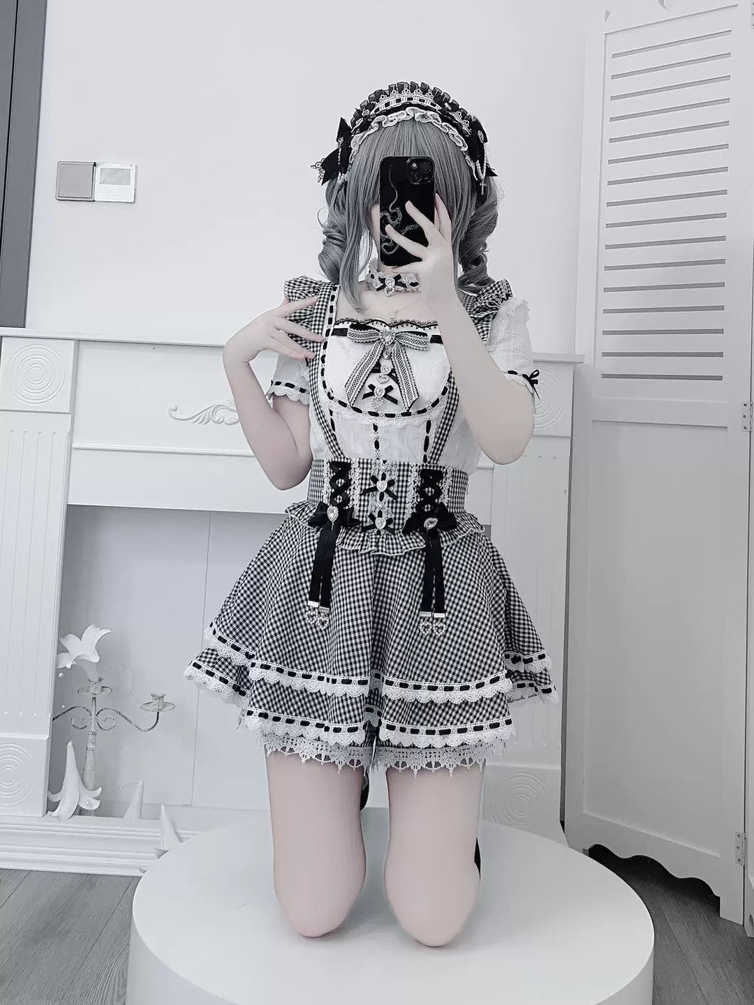 Jirai Kei Cotton Shirt, High-Waisted Suspender Skirt 45267:845211