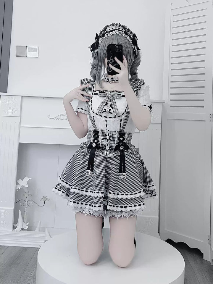 Jirai Kei Cotton Shirt, High-Waisted Suspender Skirt 45267:845211