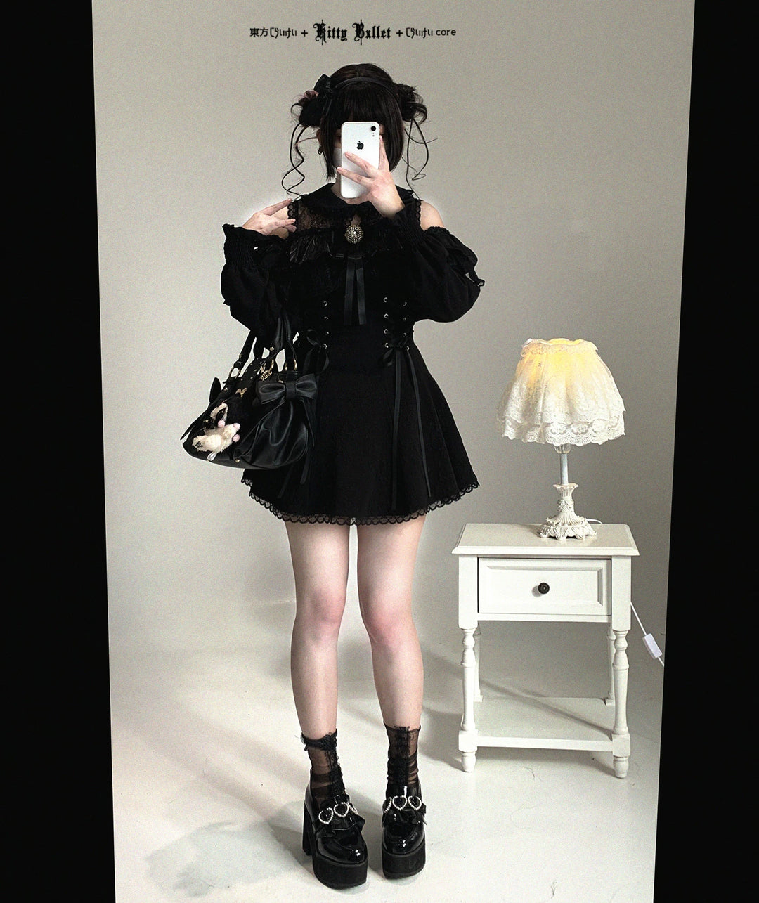 Jirai Kei Open-Shoulder Dress, Bust Lace Flounce Hem 44468:809918