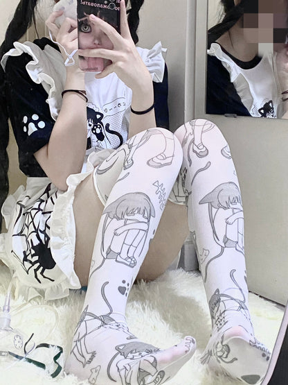 Yami Kawaii Socks Anime Print Socks White Velvet Thigh-high Socks 36620:526452