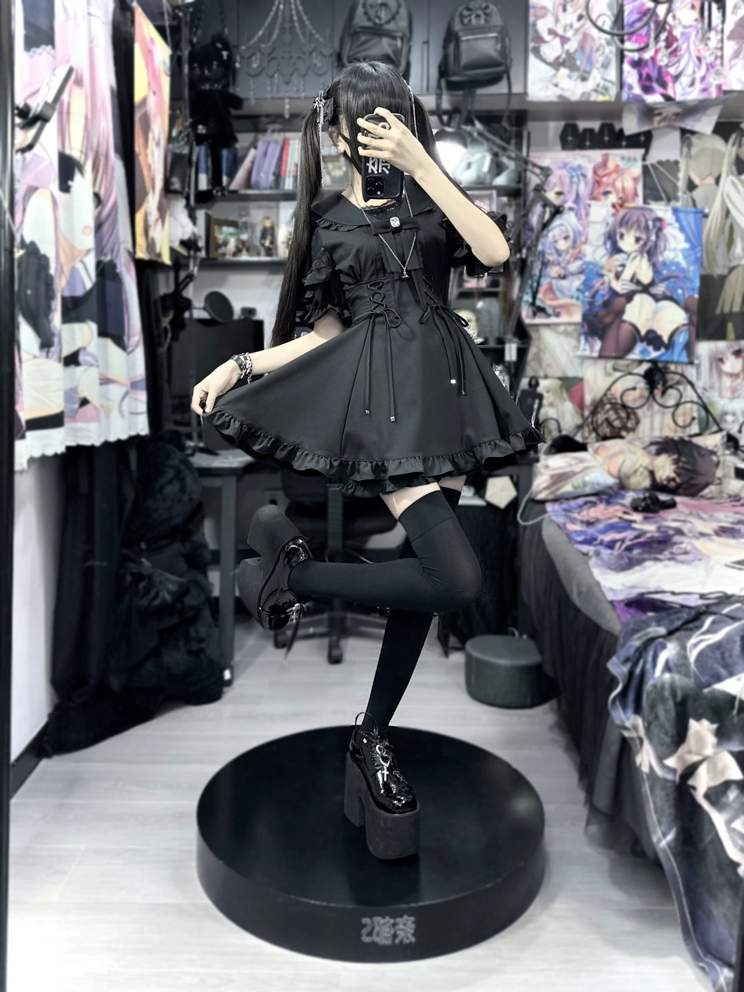 Jirai Kei Dress Sailor Collar Black Dress Slim Fitting Dress Set 38730:599314