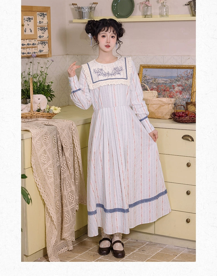 Cottagecore Dress Vintage Floral Striped Dress 36244:534200
